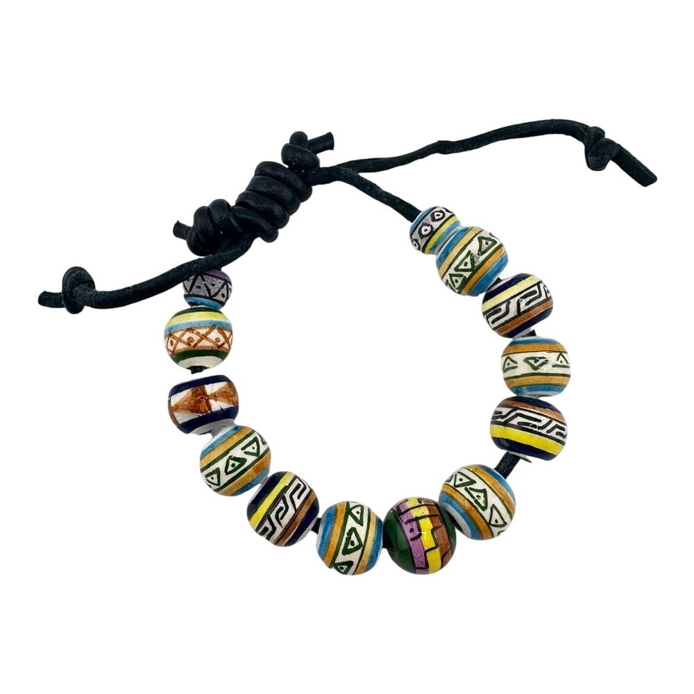 Boho Colorful sPainted Ceramic Beads Bolo Adjustable Black Suede Cord Bracelet